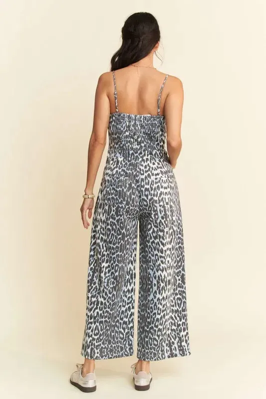 Davi & Dani Leopard Spaghetti Straps Wide Leg Jumpsuit