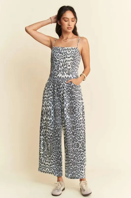 Davi & Dani Leopard Spaghetti Straps Wide Leg Jumpsuit