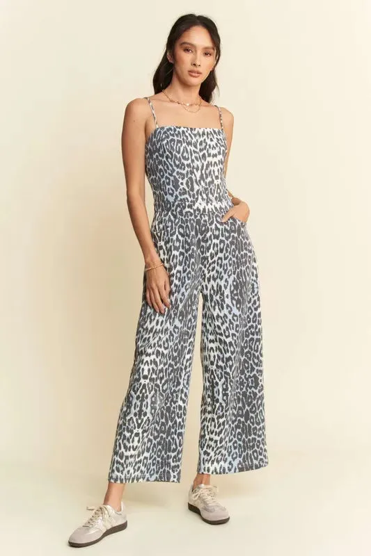 Davi & Dani Leopard Spaghetti Straps Wide Leg Jumpsuit
