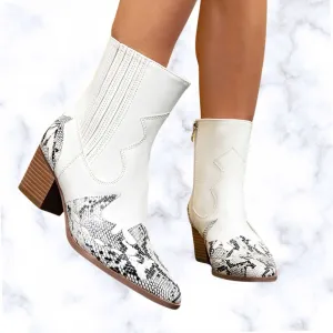 Designer Chic Women's Embroidered Snakeskin Ankle Boots – Pointed Toe, Chunky Heel, Side Zipper