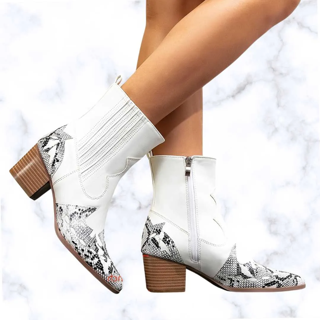 Designer Chic Women's Embroidered Snakeskin Ankle Boots – Pointed Toe, Chunky Heel, Side Zipper