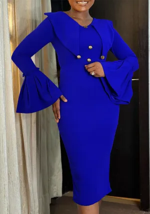 Elegant Bell Sleeve Double-Breasted Midi Dress with Cape Detail