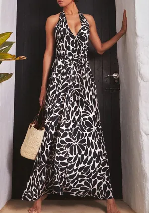 Elegant Halter-Neck Floral Print Maxi Dress with Flowing Silhouette