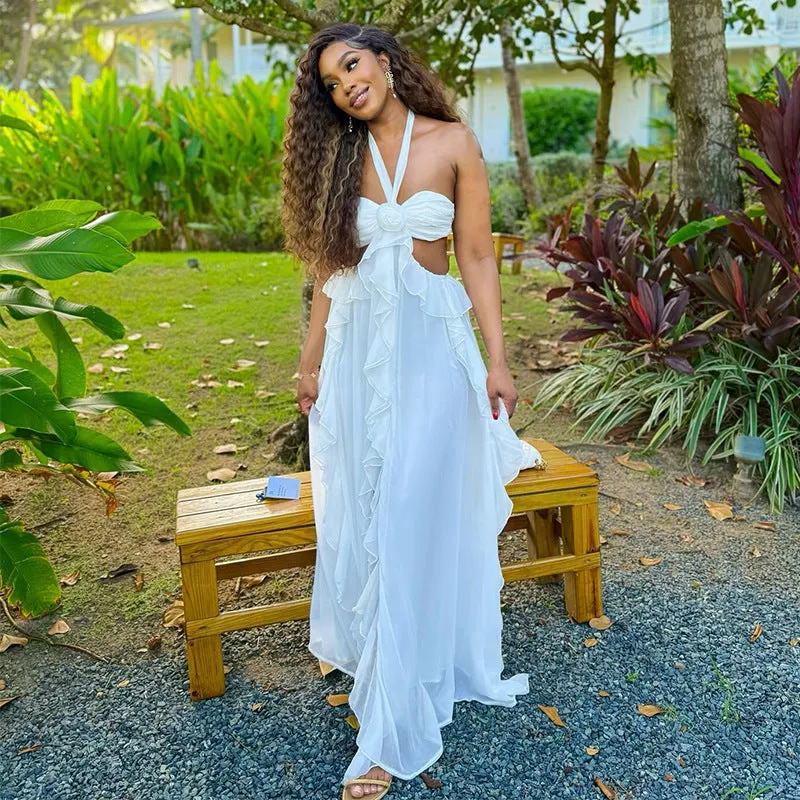 Elegant Halter Neck Ruffled Maxi Dress with Low Back Detail