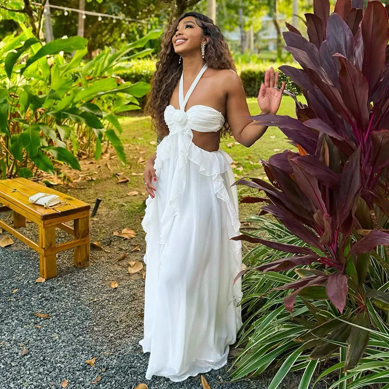 Elegant Halter Neck Ruffled Maxi Dress with Low Back Detail