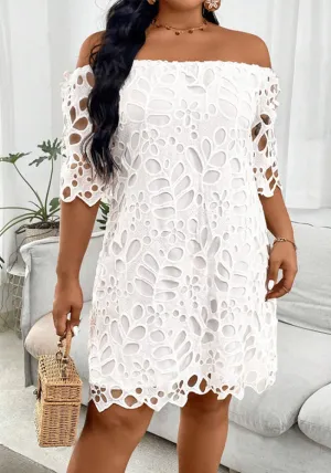 Elegant Off-Shoulder Hollow Lace A-Line Dress with Half Sleeves