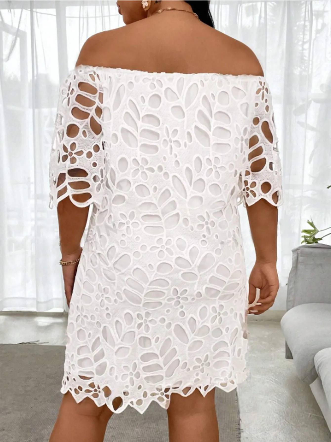 Elegant Off-Shoulder Hollow Lace A-Line Dress with Half Sleeves