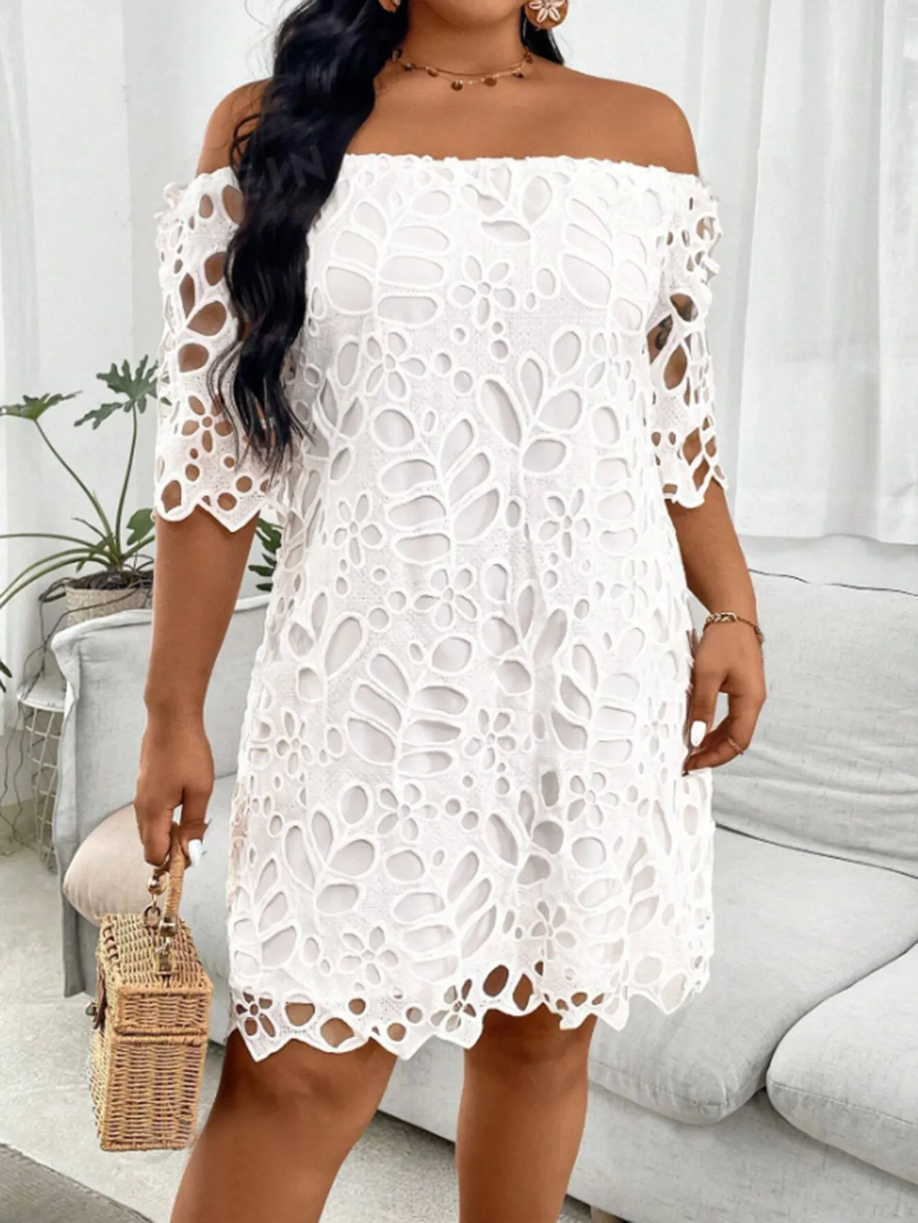 Elegant Off-Shoulder Hollow Lace A-Line Dress with Half Sleeves