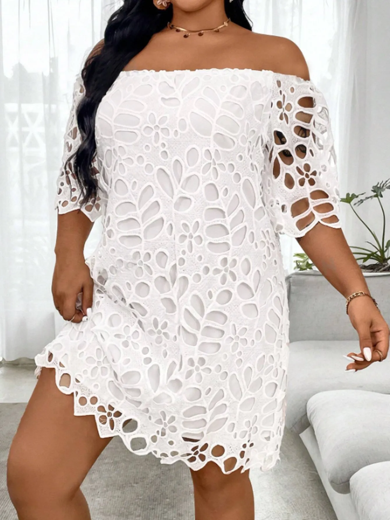 Elegant Off-Shoulder Hollow Lace A-Line Dress with Half Sleeves
