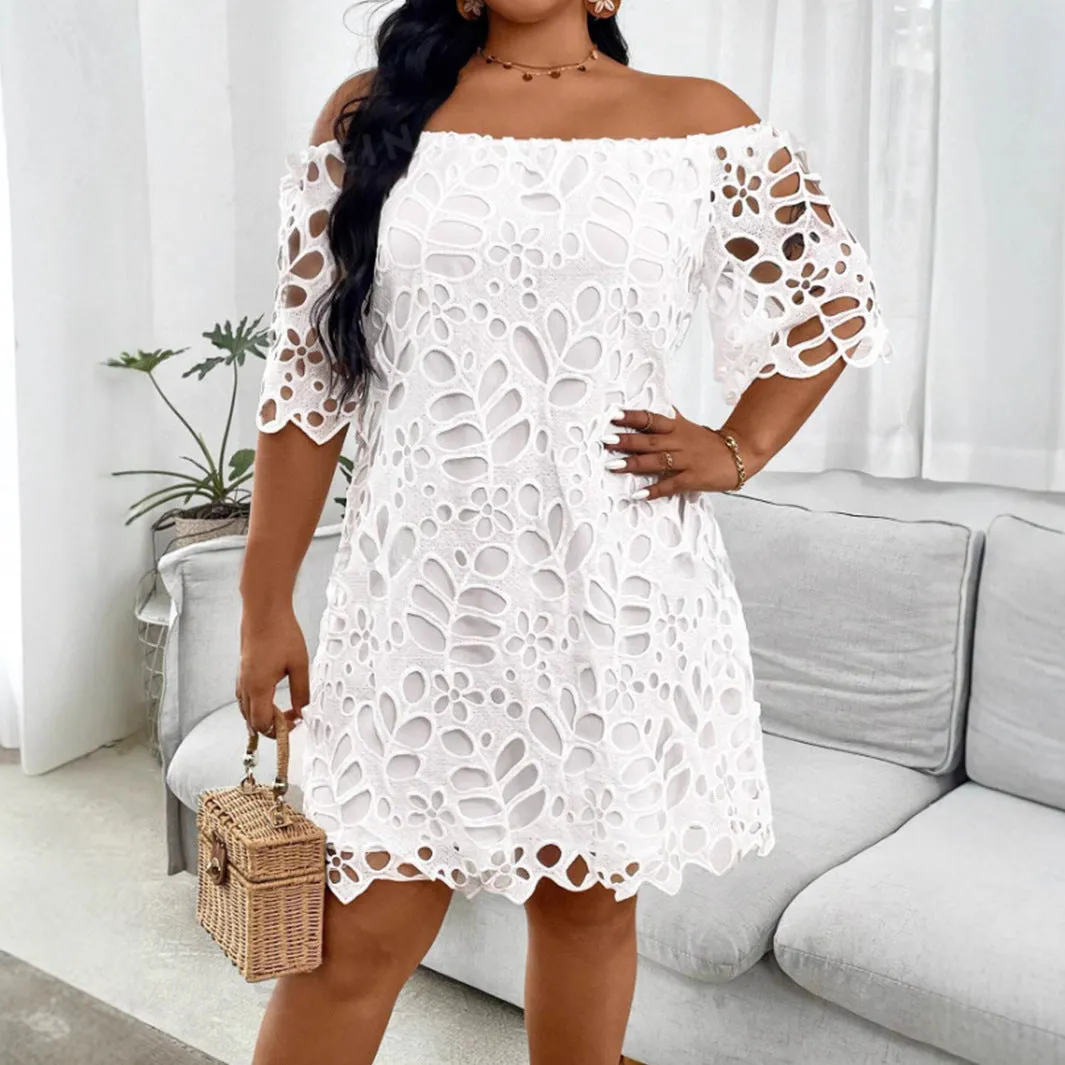 Elegant Off-Shoulder Hollow Lace A-Line Dress with Half Sleeves