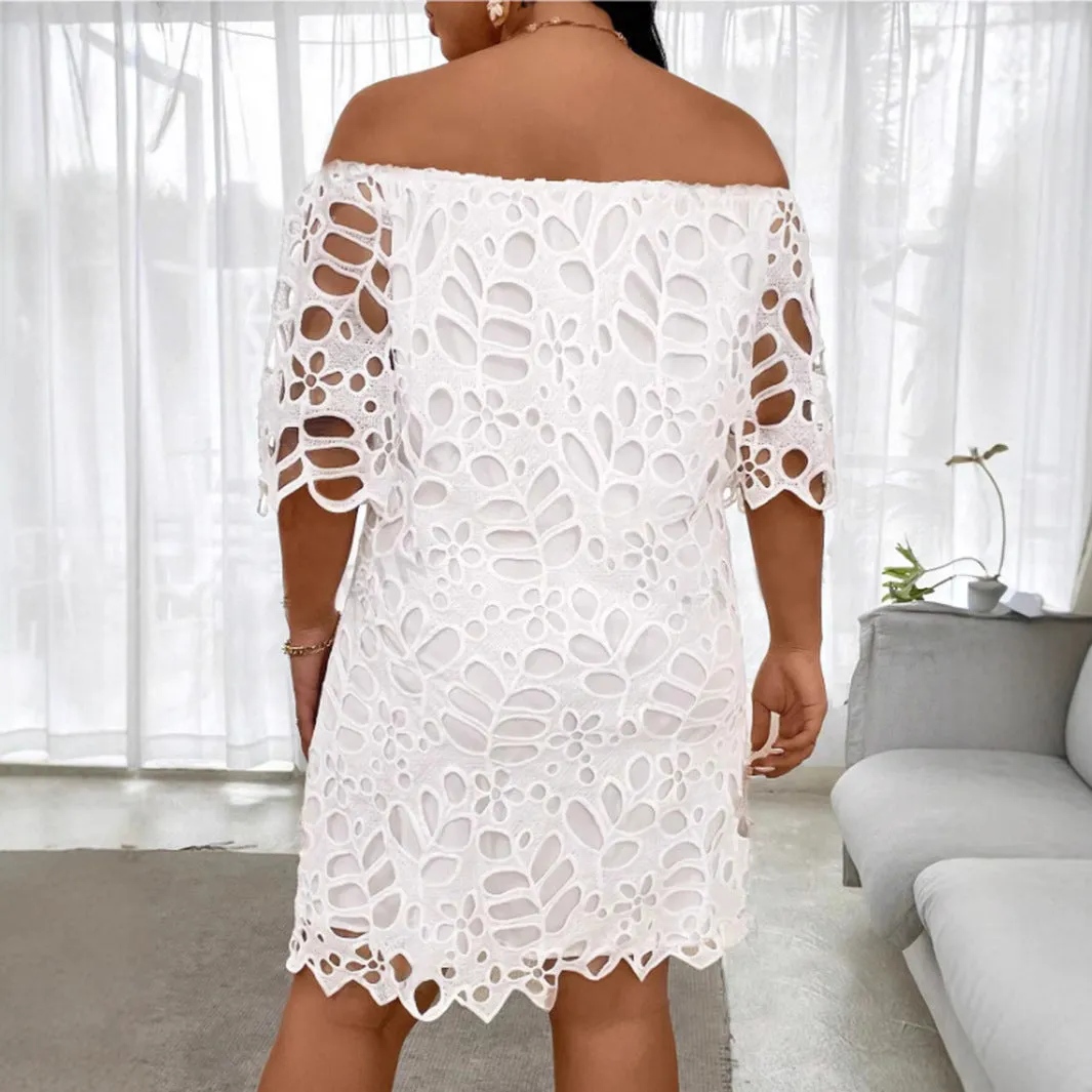 Elegant Off-Shoulder Hollow Lace A-Line Dress with Half Sleeves