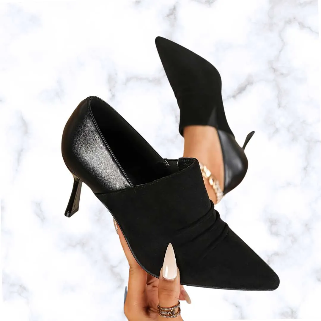 Elegant Slip-On Pointed Toe Stiletto Ankle Boots for Women – Solid Color High Heel Dress Booties with Fabric Upper and Rubber Sole