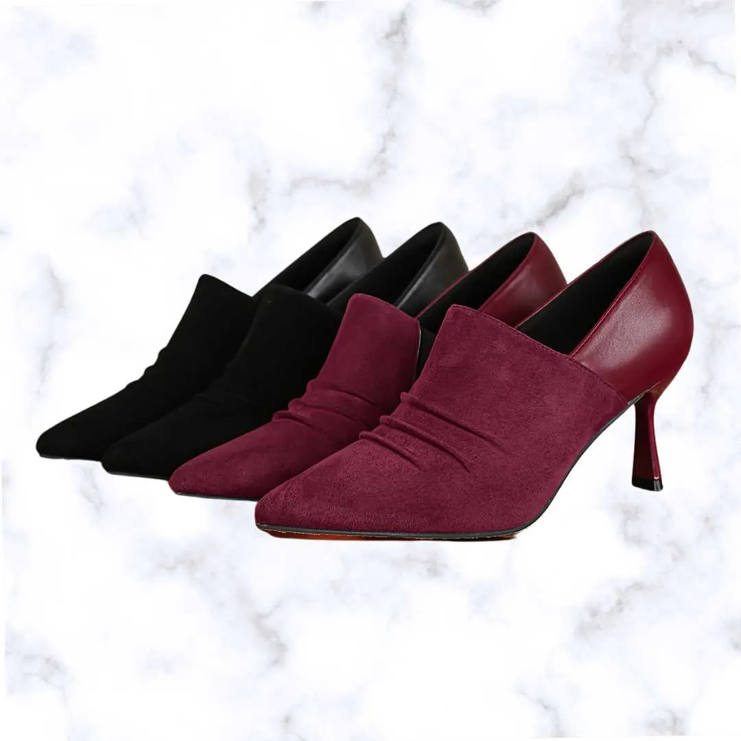 Elegant Slip-On Pointed Toe Stiletto Ankle Boots for Women – Solid Color High Heel Dress Booties with Fabric Upper and Rubber Sole