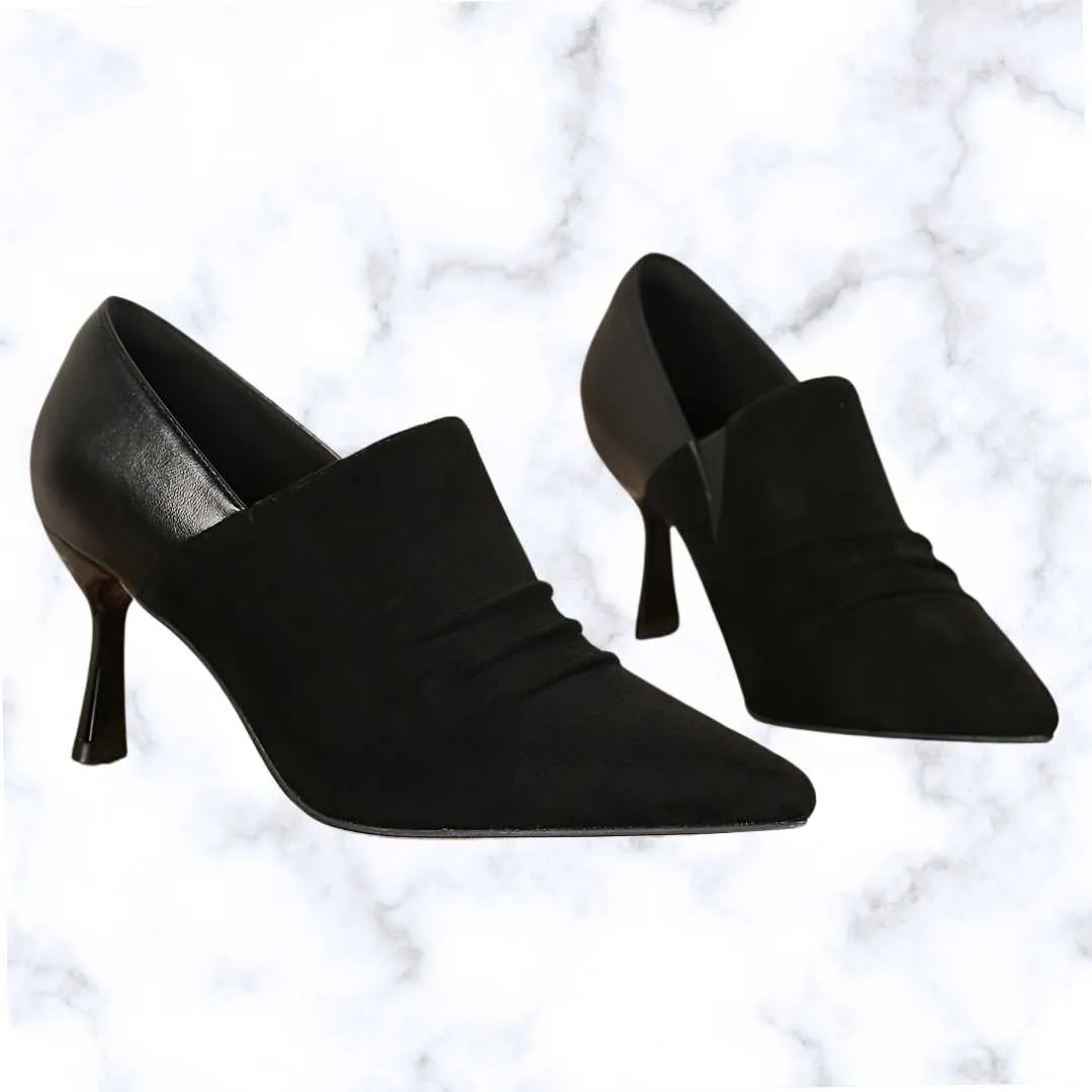Elegant Slip-On Pointed Toe Stiletto Ankle Boots for Women – Solid Color High Heel Dress Booties with Fabric Upper and Rubber Sole