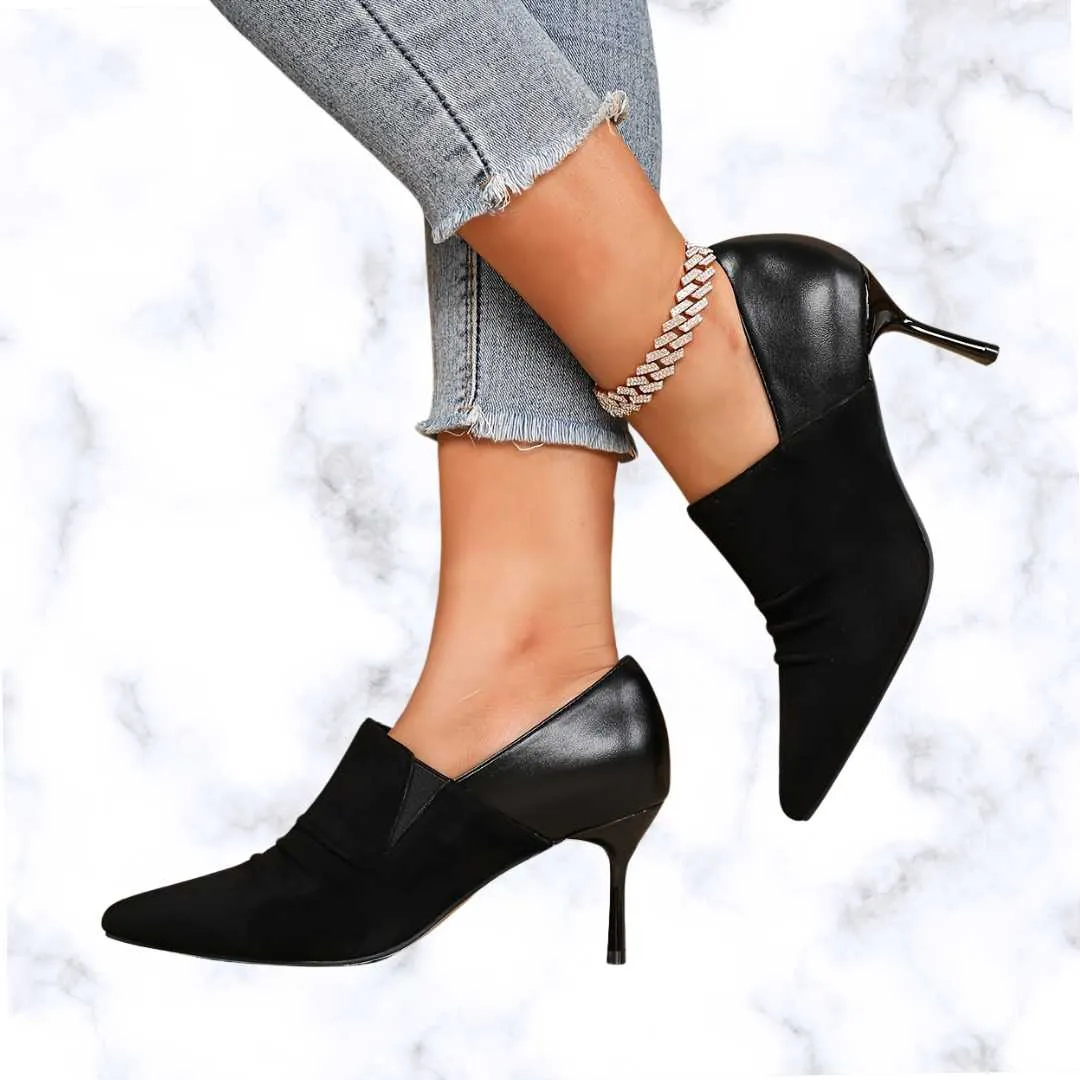 Elegant Slip-On Pointed Toe Stiletto Ankle Boots for Women – Solid Color High Heel Dress Booties with Fabric Upper and Rubber Sole
