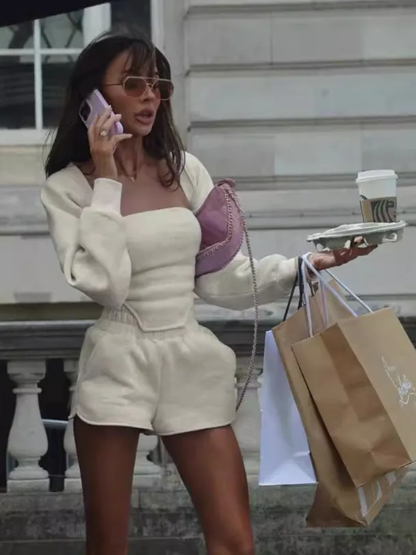 Elegant Strapless Solid Three-Piece Shorts and Coat Set