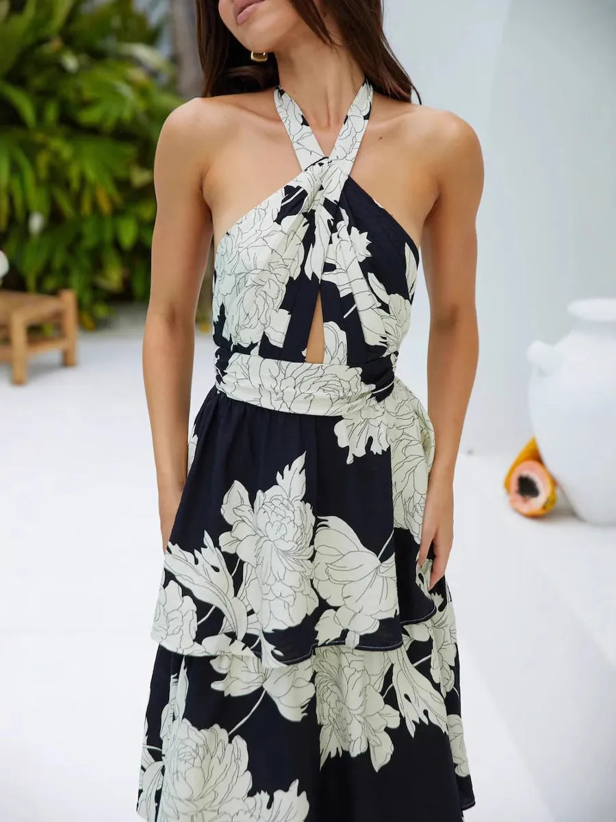 Elegant Tropical Ruffled Halter Neck Maxi Dress