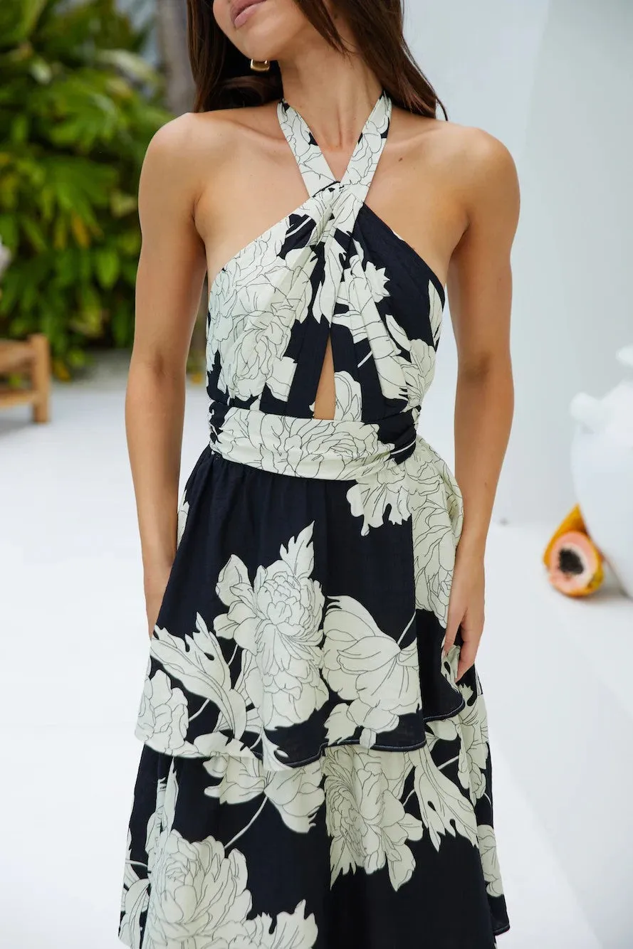 Elegant Tropical Ruffled Halter Neck Maxi Dress