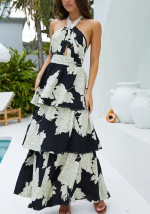Elegant Tropical Ruffled Halter Neck Maxi Dress