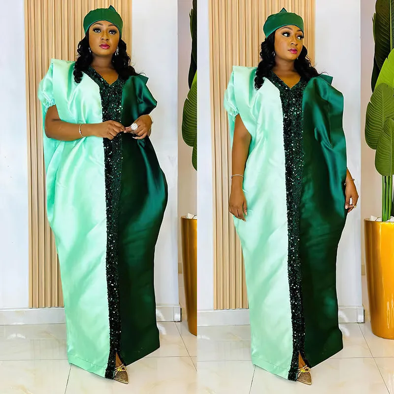 Elegant Two-Tone Sequin Trim Plus Size African Satin Kaftan Dress