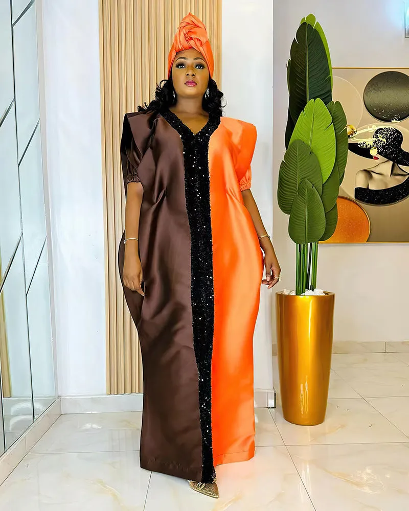 Elegant Two-Tone Sequin Trim Plus Size African Satin Kaftan Dress