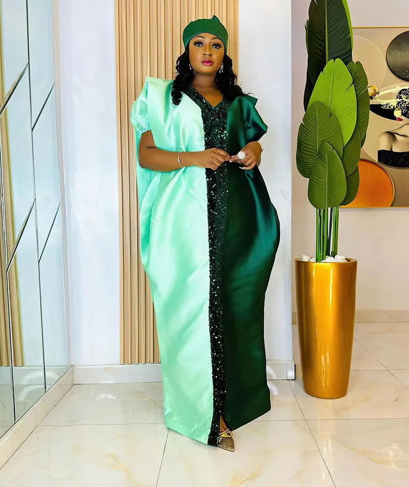 Elegant Two-Tone Sequin Trim Plus Size African Satin Kaftan Dress