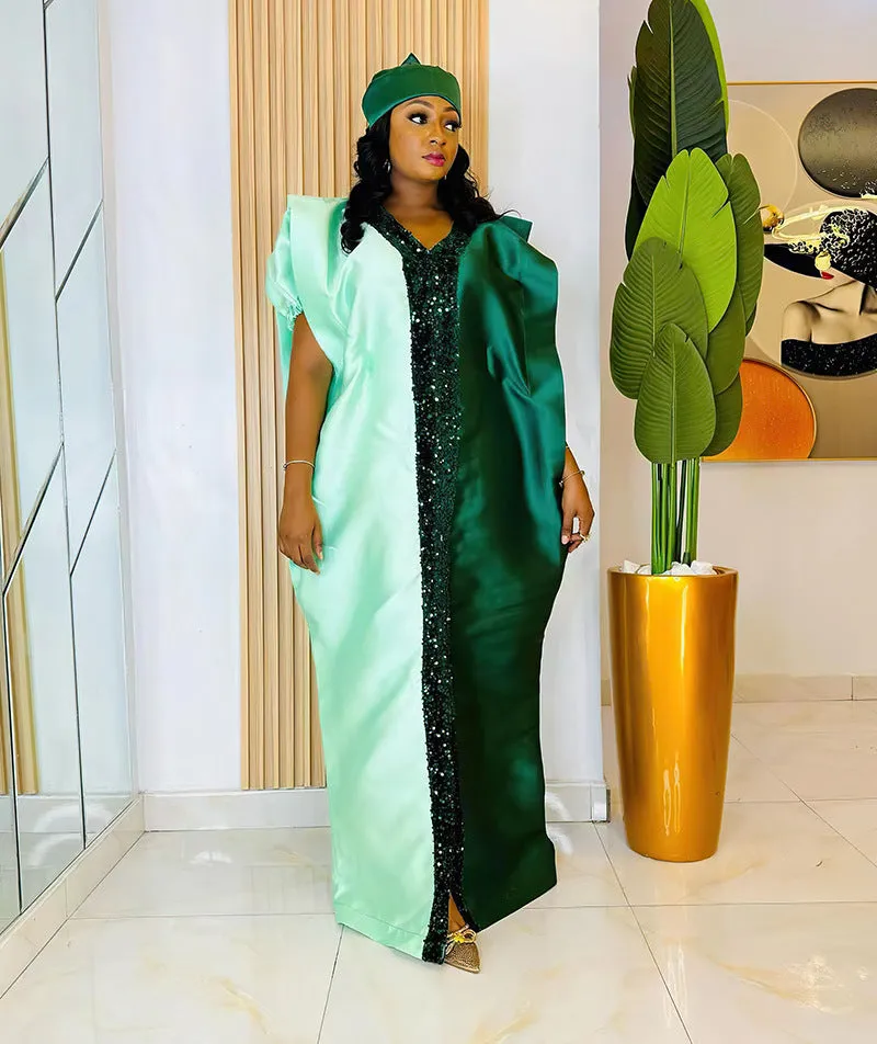 Elegant Two-Tone Sequin Trim Plus Size African Satin Kaftan Dress