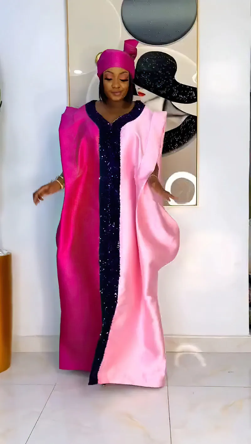 Elegant Two-Tone Sequin Trim Plus Size African Satin Kaftan Dress