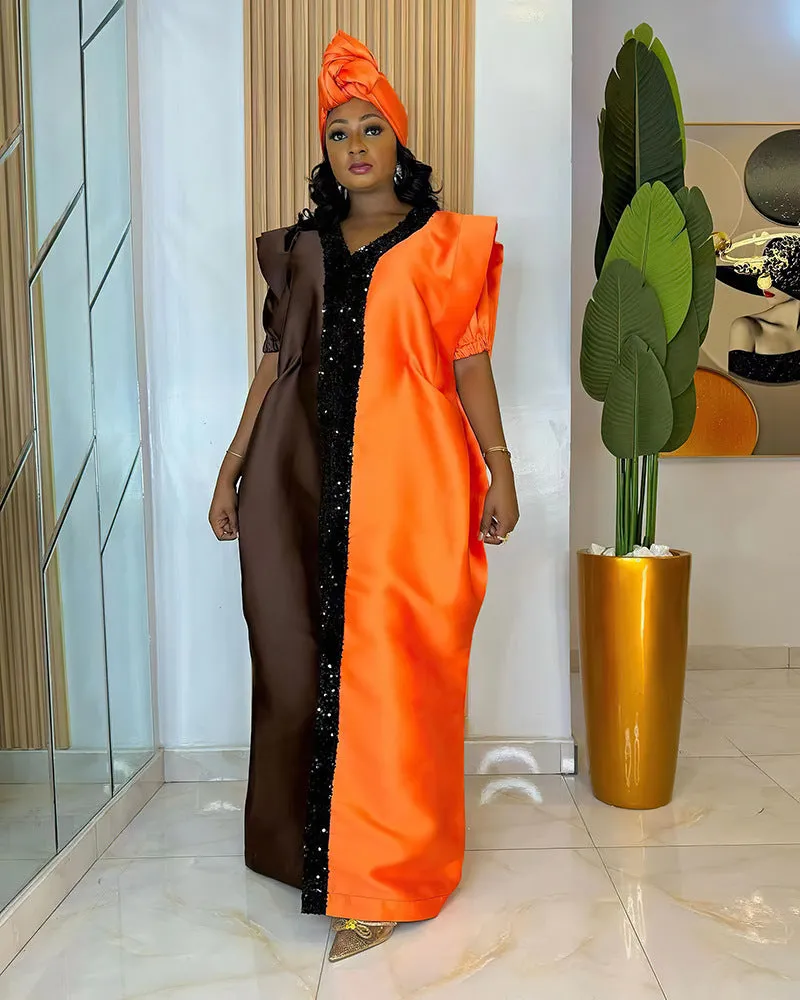 Elegant Two-Tone Sequin Trim Plus Size African Satin Kaftan Dress