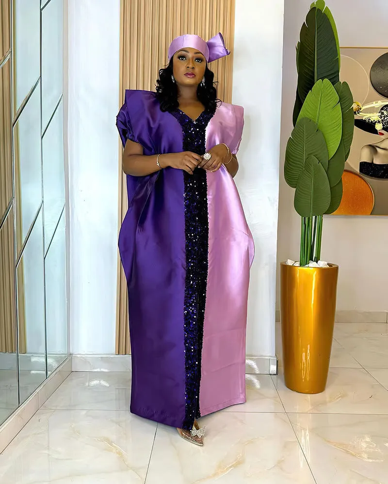 Elegant Two-Tone Sequin Trim Plus Size African Satin Kaftan Dress