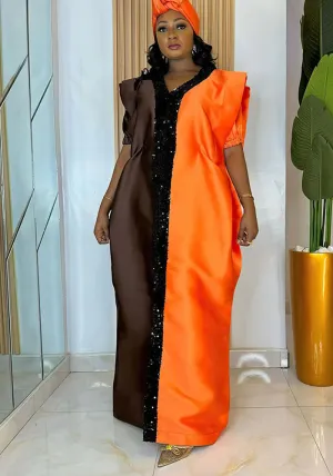Elegant Two-Tone Sequin Trim Plus Size African Satin Kaftan Dress