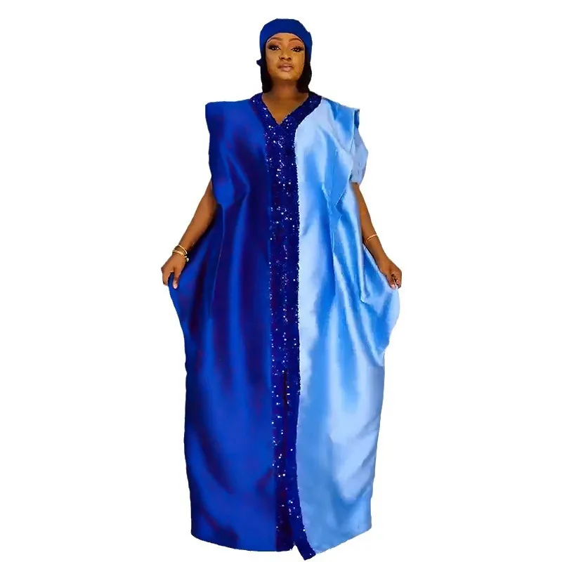 Elegant Two-Tone Sequin Trim Plus Size African Satin Kaftan Dress