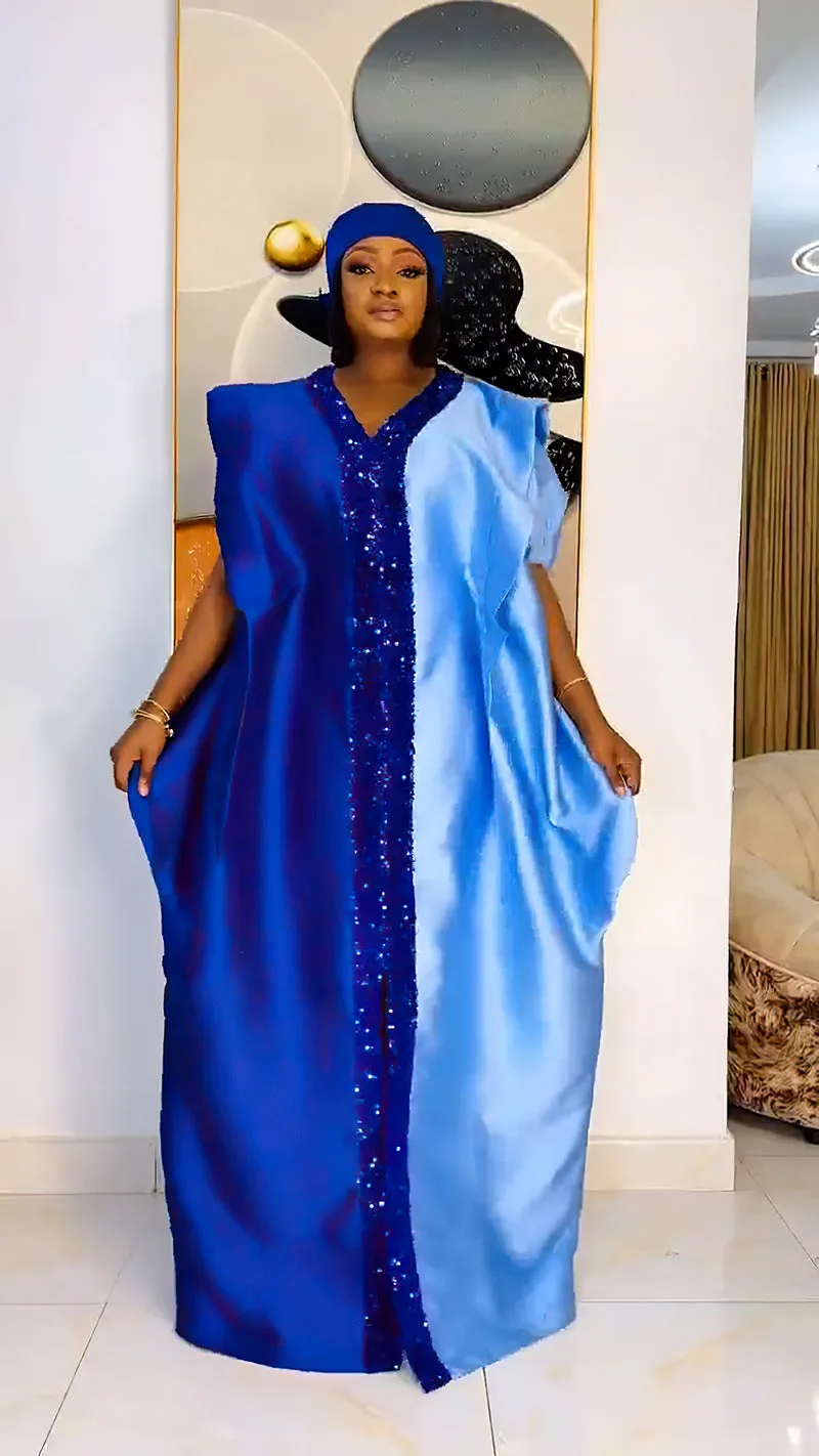 Elegant Two-Tone Sequin Trim Plus Size African Satin Kaftan Dress
