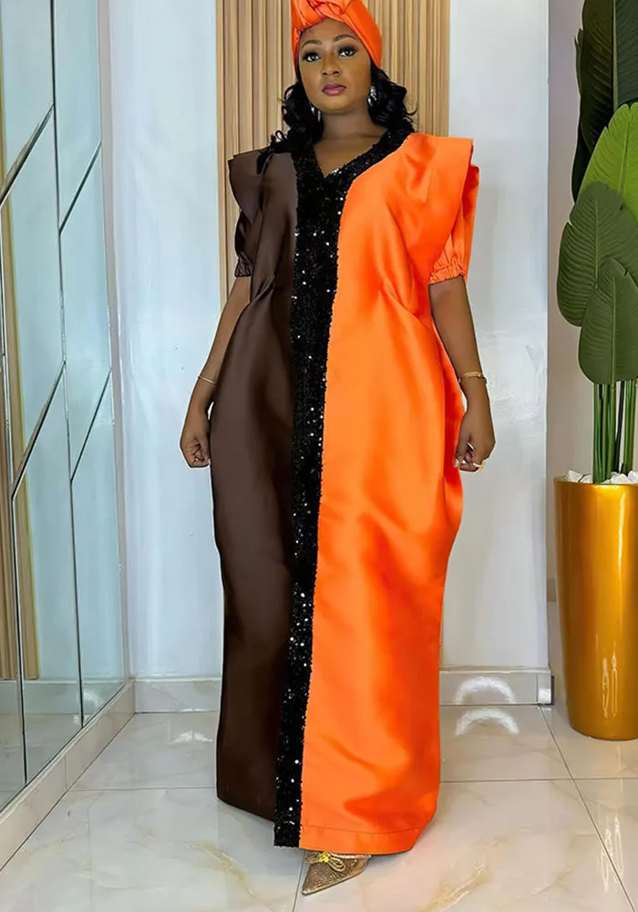 Elegant Two-Tone Sequin Trim Plus Size African Satin Kaftan Dress