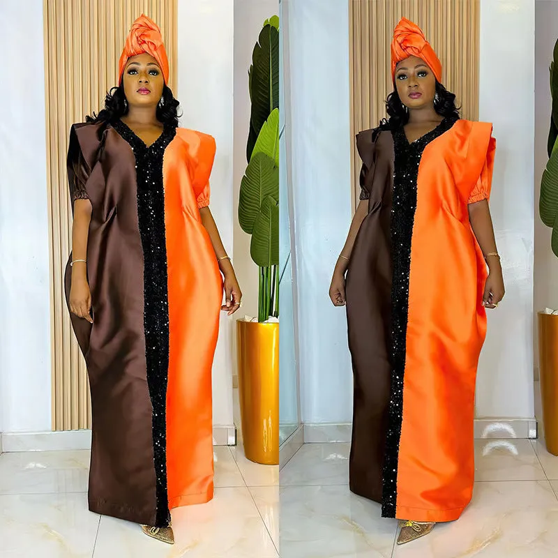 Elegant Two-Tone Sequin Trim Plus Size African Satin Kaftan Dress