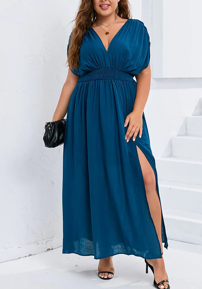 Elegant V-Neck Maxi Dress with Bat Sleeves and Side Slit