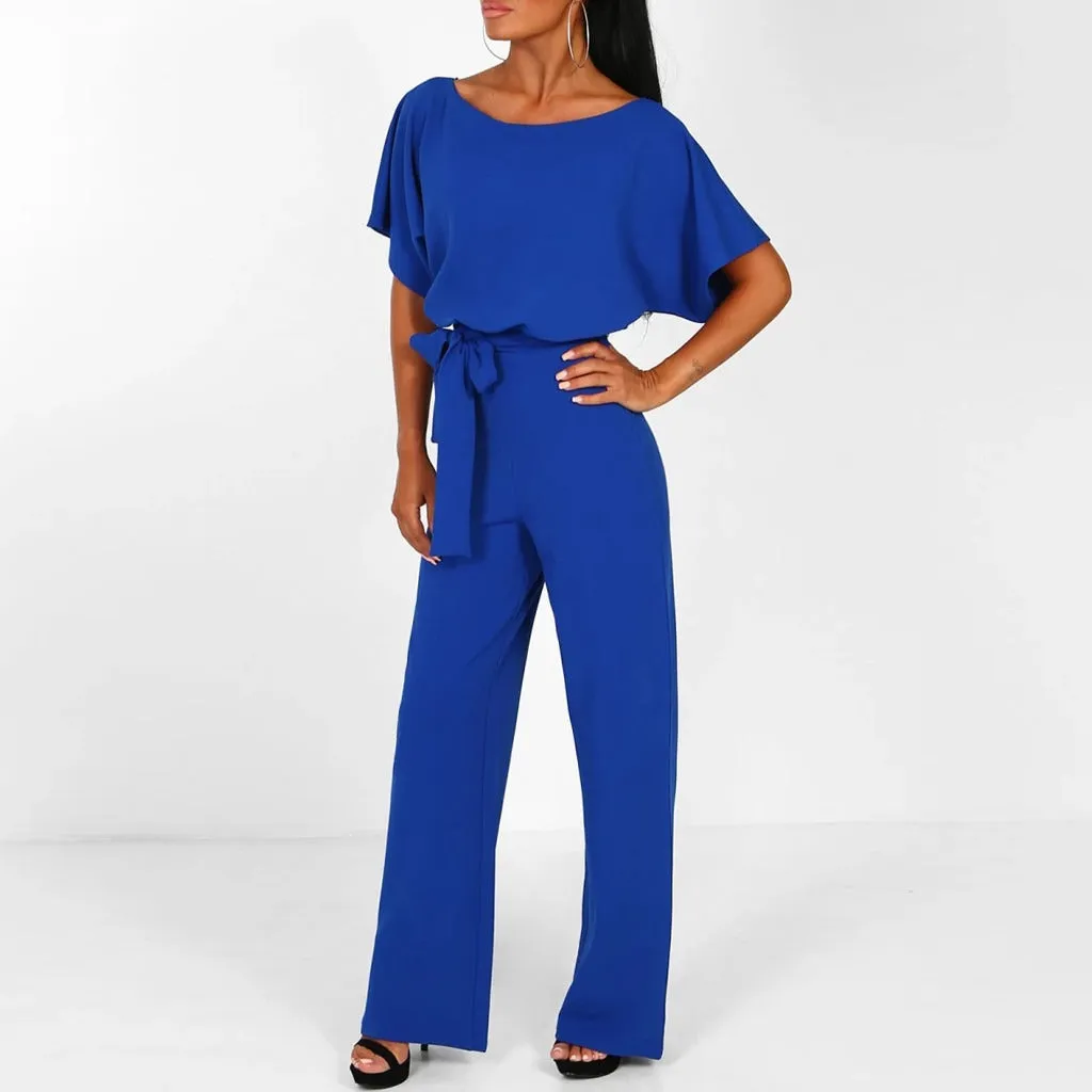 Elegant Wide-Leg Jumpsuit | Belted Waist & Short Sleeves