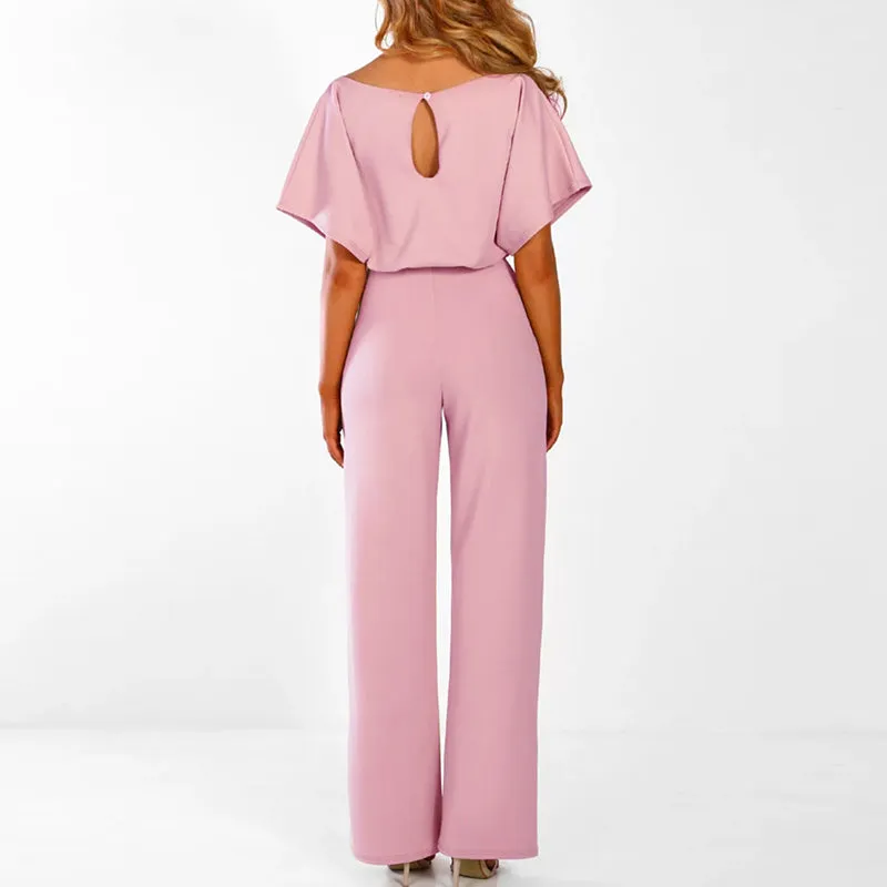 Elegant Wide-Leg Jumpsuit | Belted Waist & Short Sleeves