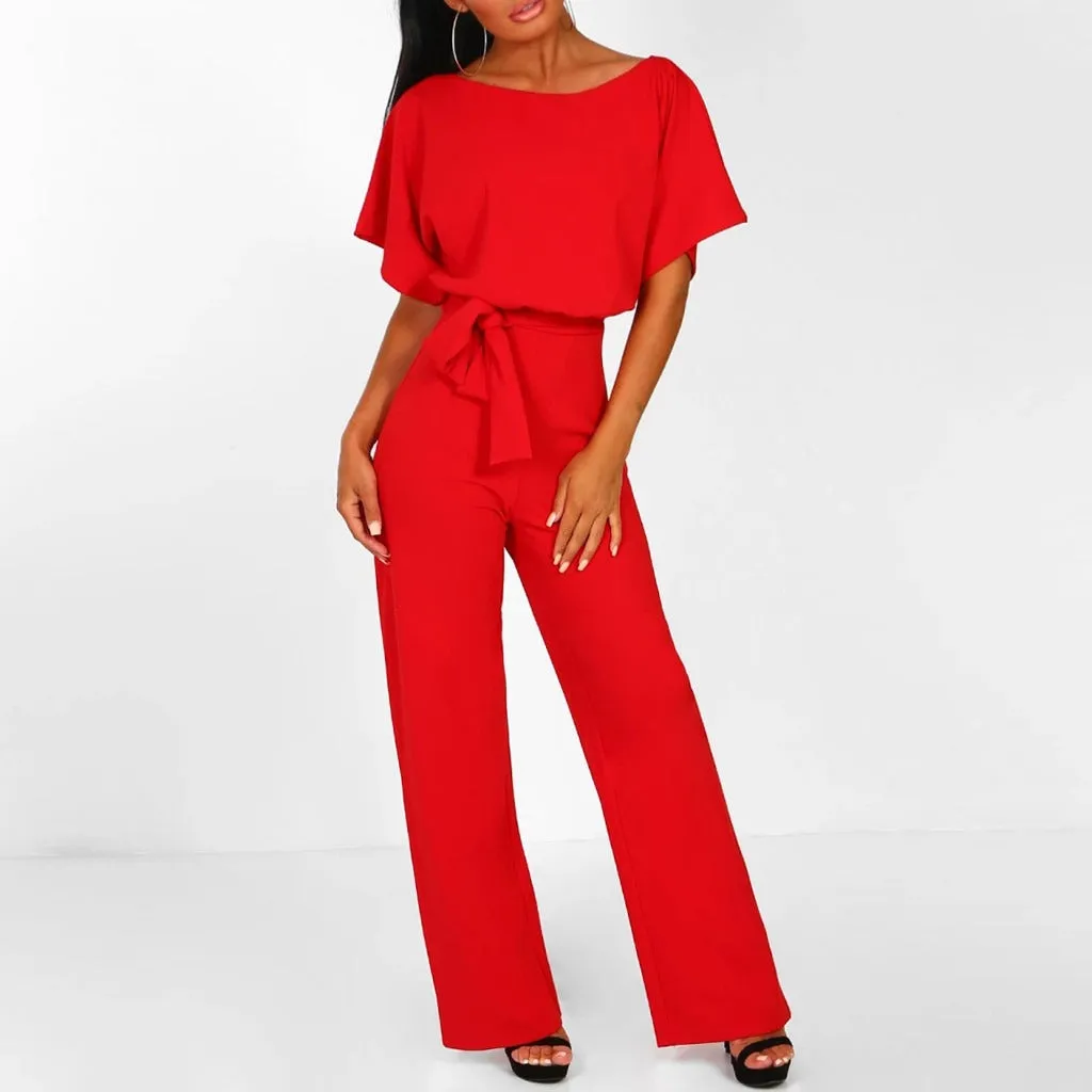 Elegant Wide-Leg Jumpsuit | Belted Waist & Short Sleeves