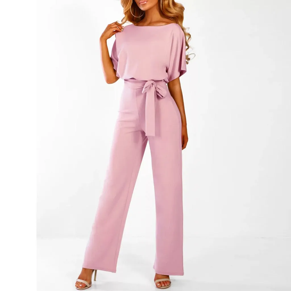 Elegant Wide-Leg Jumpsuit | Belted Waist & Short Sleeves