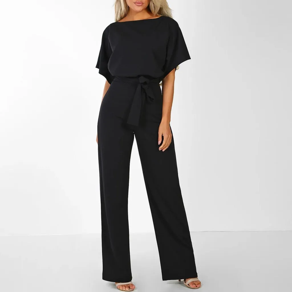 Elegant Wide-Leg Jumpsuit | Belted Waist & Short Sleeves