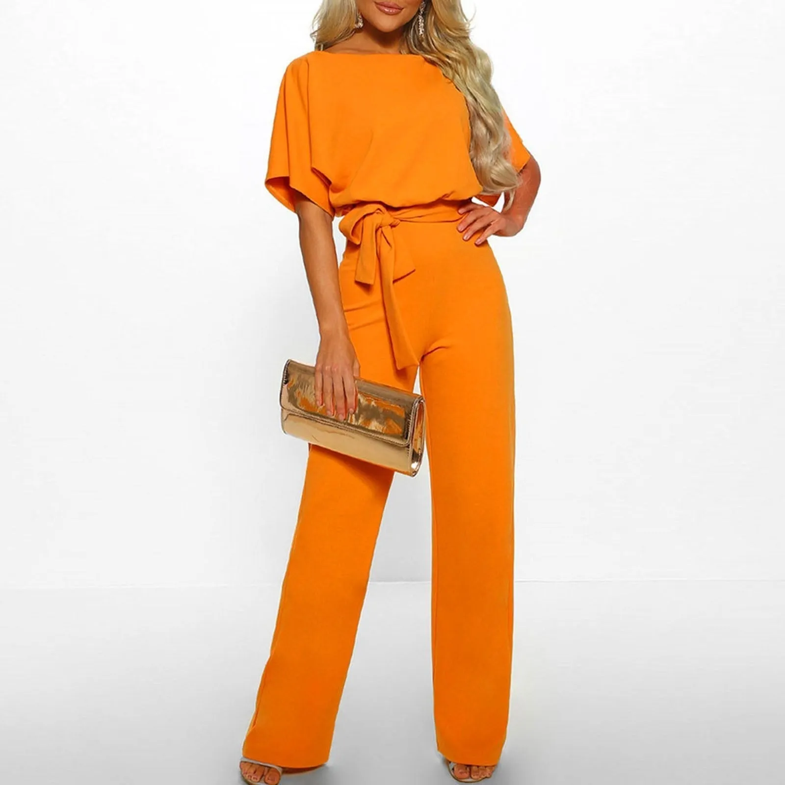 Elegant Wide-Leg Jumpsuit | Belted Waist & Short Sleeves