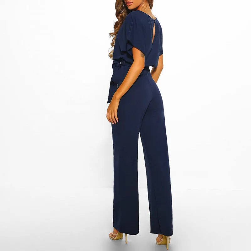 Elegant Wide-Leg Jumpsuit | Belted Waist & Short Sleeves
