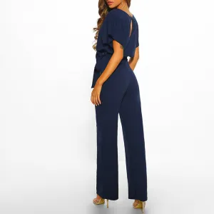 Elegant Wide-Leg Jumpsuit | Belted Waist & Short Sleeves
