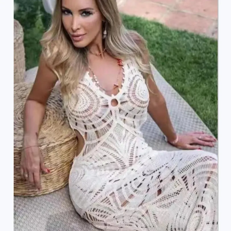 Ethereal Elegance Knit Lace V-Neck Sleeveless Maxi Dress