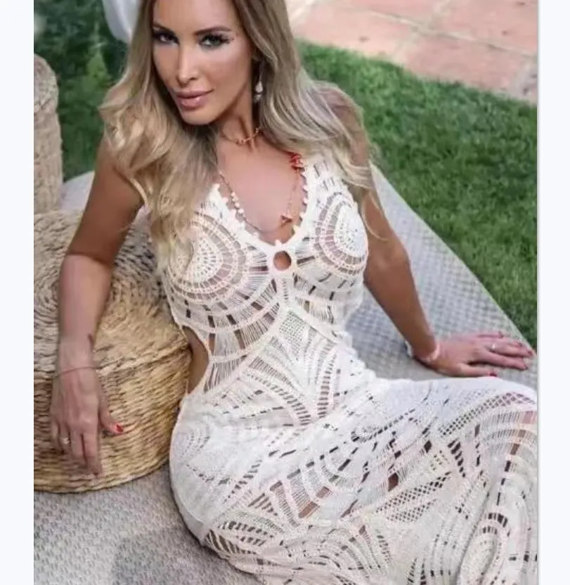Ethereal Elegance Knit Lace V-Neck Sleeveless Maxi Dress