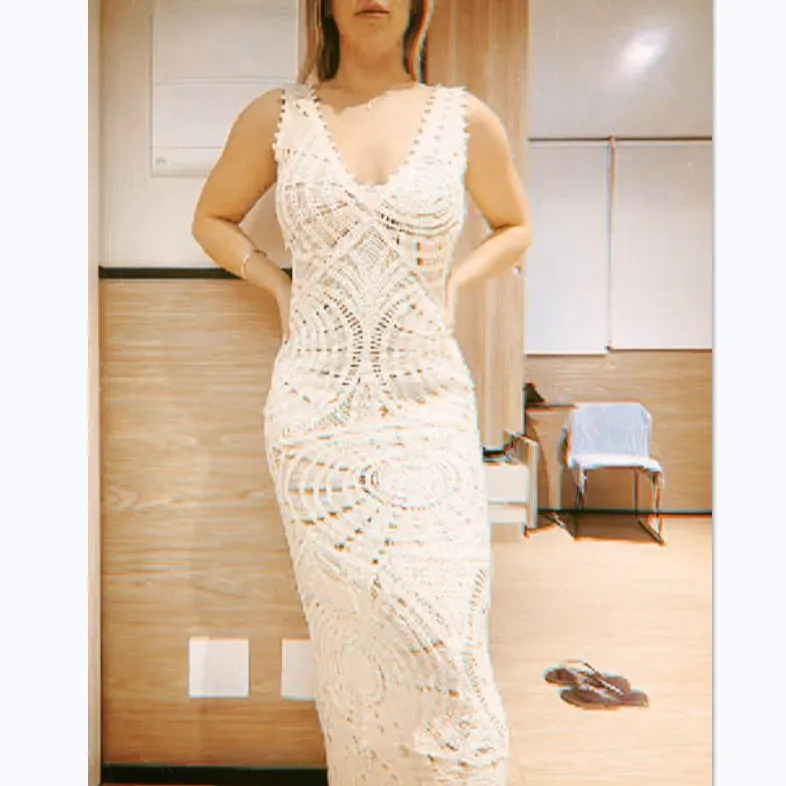 Ethereal Elegance Knit Lace V-Neck Sleeveless Maxi Dress