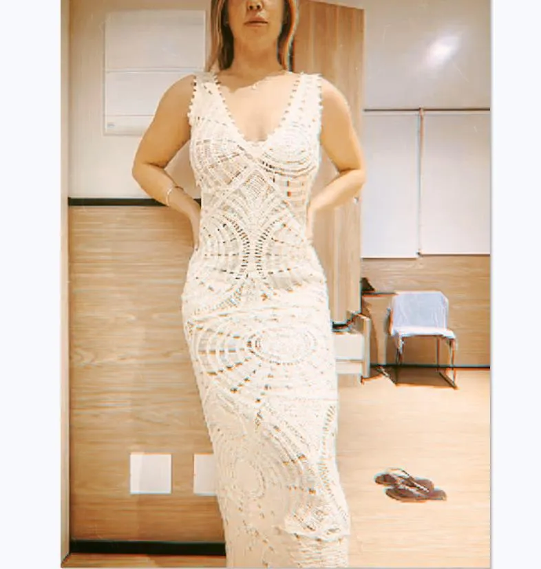 Ethereal Elegance Knit Lace V-Neck Sleeveless Maxi Dress
