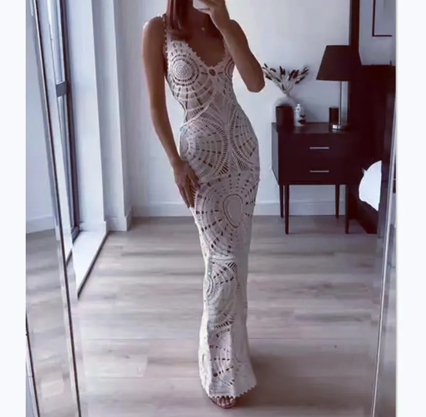 Ethereal Elegance Knit Lace V-Neck Sleeveless Maxi Dress