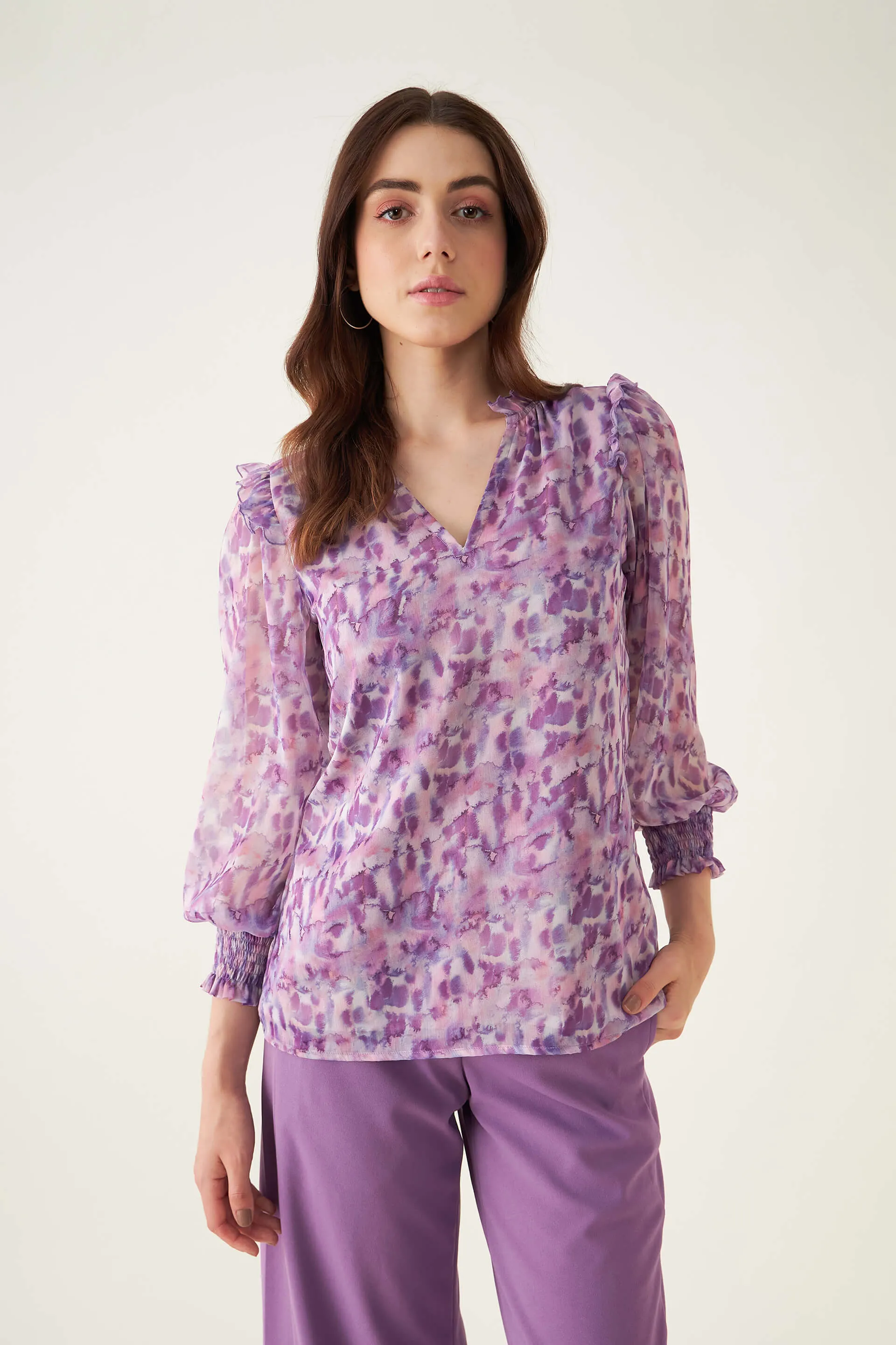 Flora Abstract Ruffled Top - Purple/White